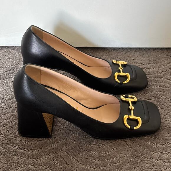 Gucci Baby Horsebit Leather Square Toe Mid High Heel Pumps Black Size EU 40 - Picture 8 of 16